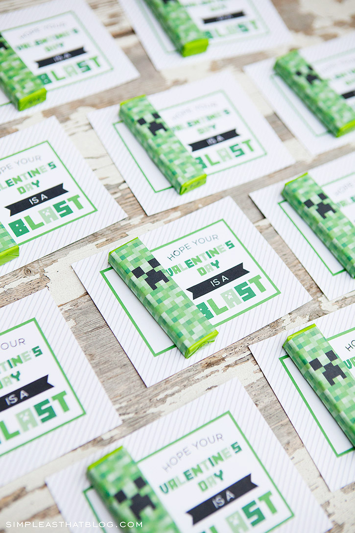 Free printable Minecraft valentines with creeper gum wrappers.