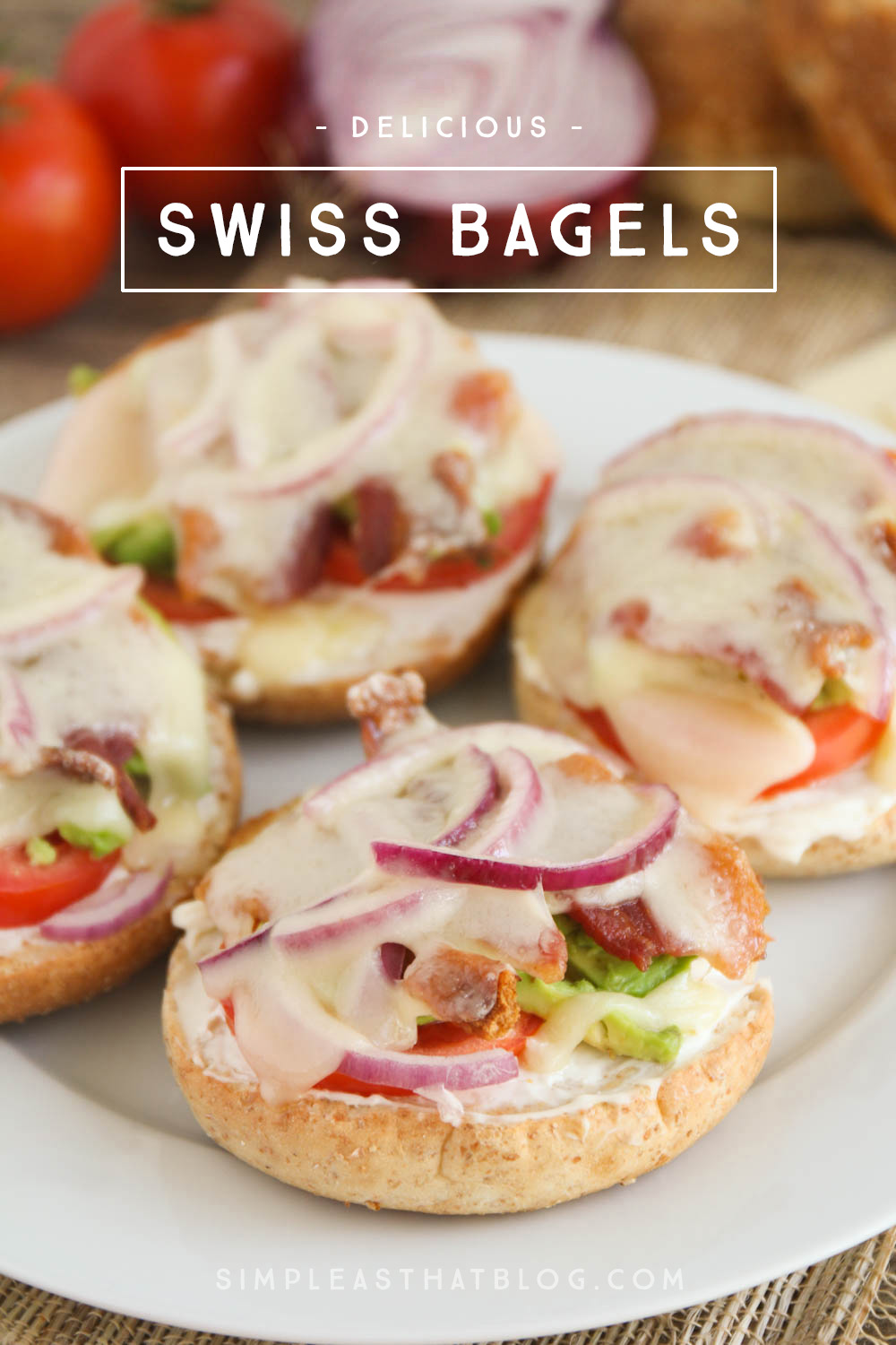 Topped with swiss cheese, avocado, bacon (and more!) these open-face swiss bagels are perfect for breakfast, lunch or snacktime!