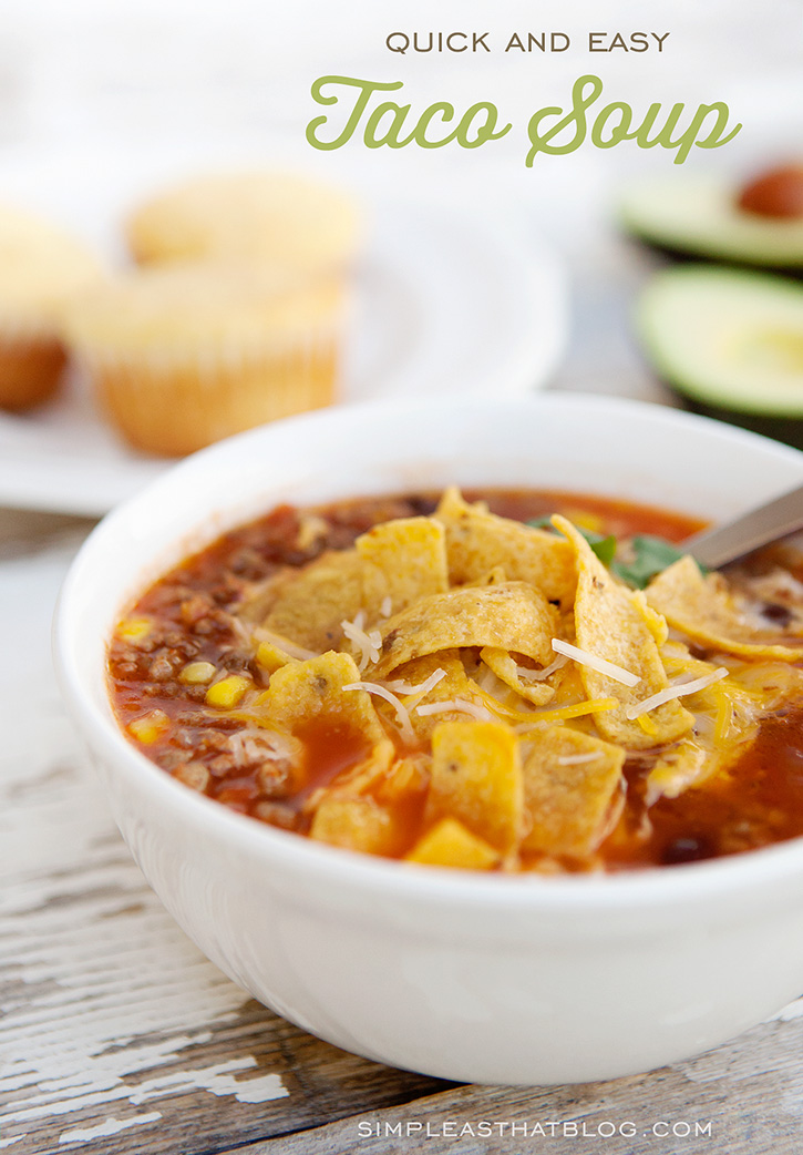 This quick and easy taco soup recipe is a favorite in our family! Perfect for warming up on a cold day, this soup is easy to prepare with ingredients you can keep on hand for those times when you need dinner in a pinch!