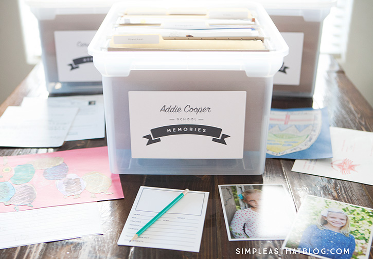 Tame your child's school paper clutter with this simple filing system. Contain their precious school momentos from pre-K through grade 12 all in one place. In the post you'll find a list of supplies, free printable labels and yearly questionnaires to get you started.