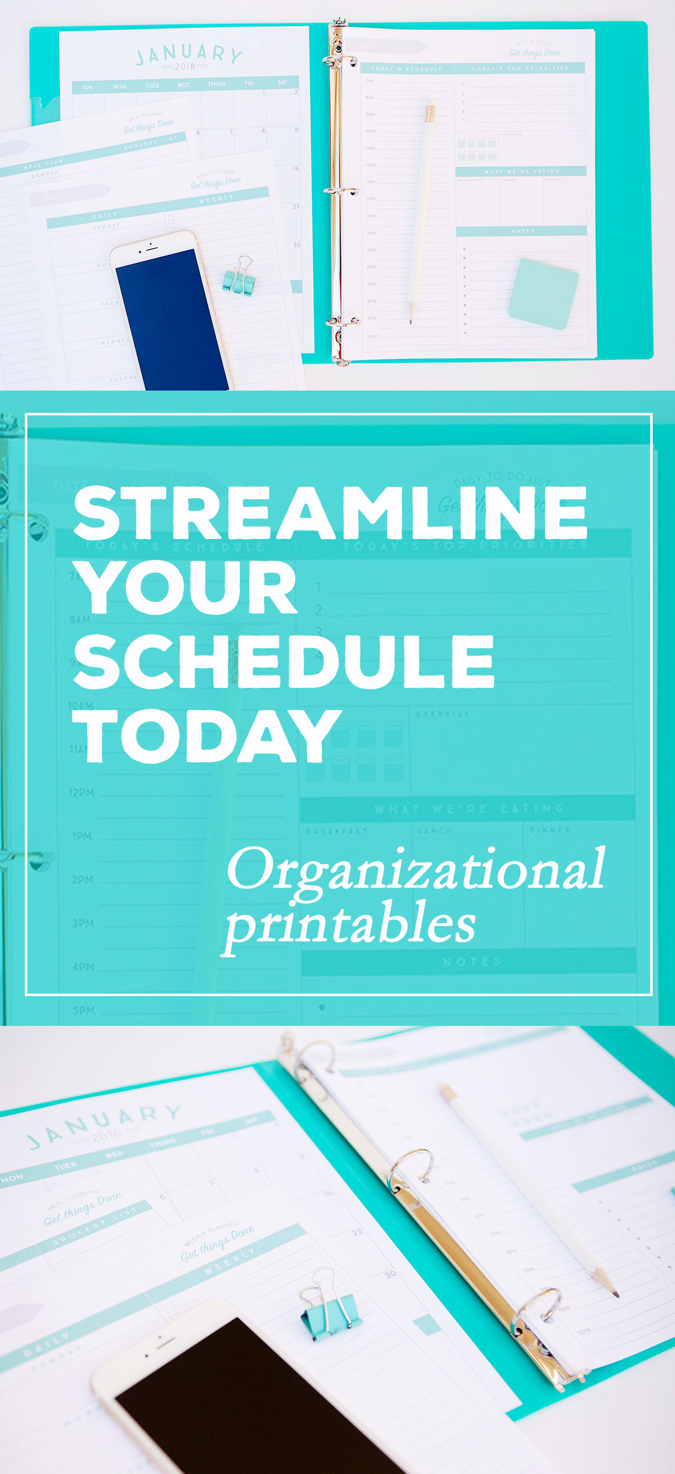 Organizational printables to streamline your to-do lists, your schedule, your meal plans—YOUR LIFE! Enjoy a weekly planner, a daily to-do list and schedule, a meal planner, and a 2018 calendar. 