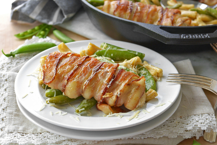 One Pot BaconWrapped Chicken with Sugar Snap Peas and Pasta