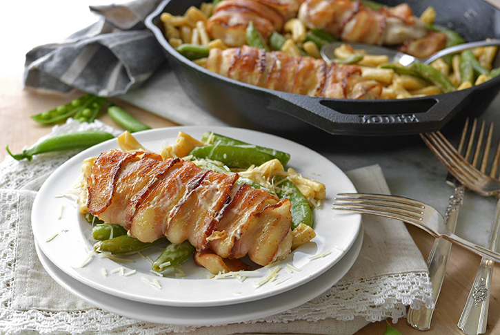 One-Pot Bacon Wrapped Chicken with Sugar Snap Peas and Pasta