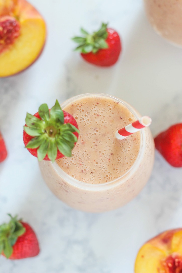 Strawberry Peach Smoothie - a healthy and delicious dairy-free smoothie recipe made with summertime fruits.