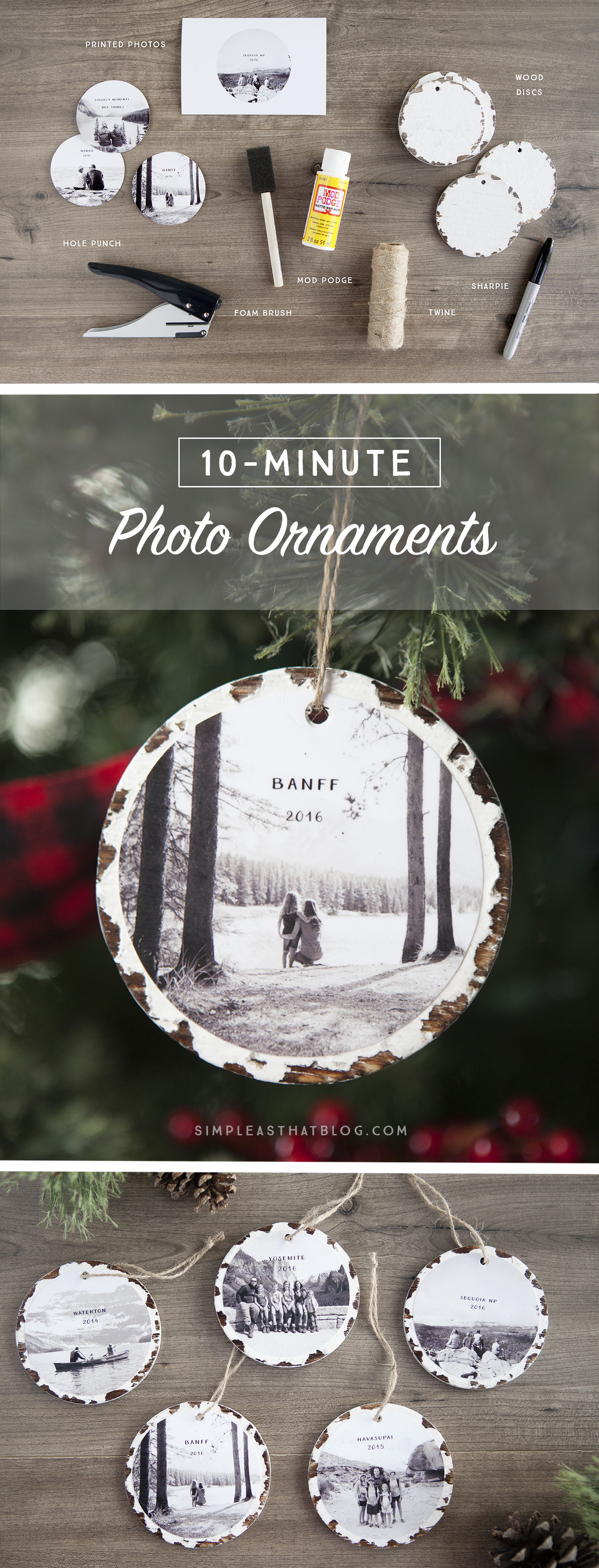 Trim the tree with these 10 minute photo keepsake ornaments. They take no time at all to make and it will mean so much to fill the tree with family memories.