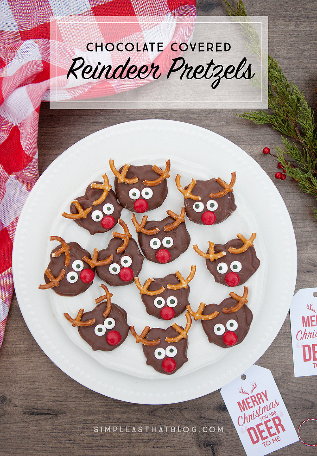 A cute and delicious treat to make with the kids this holiday season, these chocolate covered reindeer pretzels can be put together in no time at all!