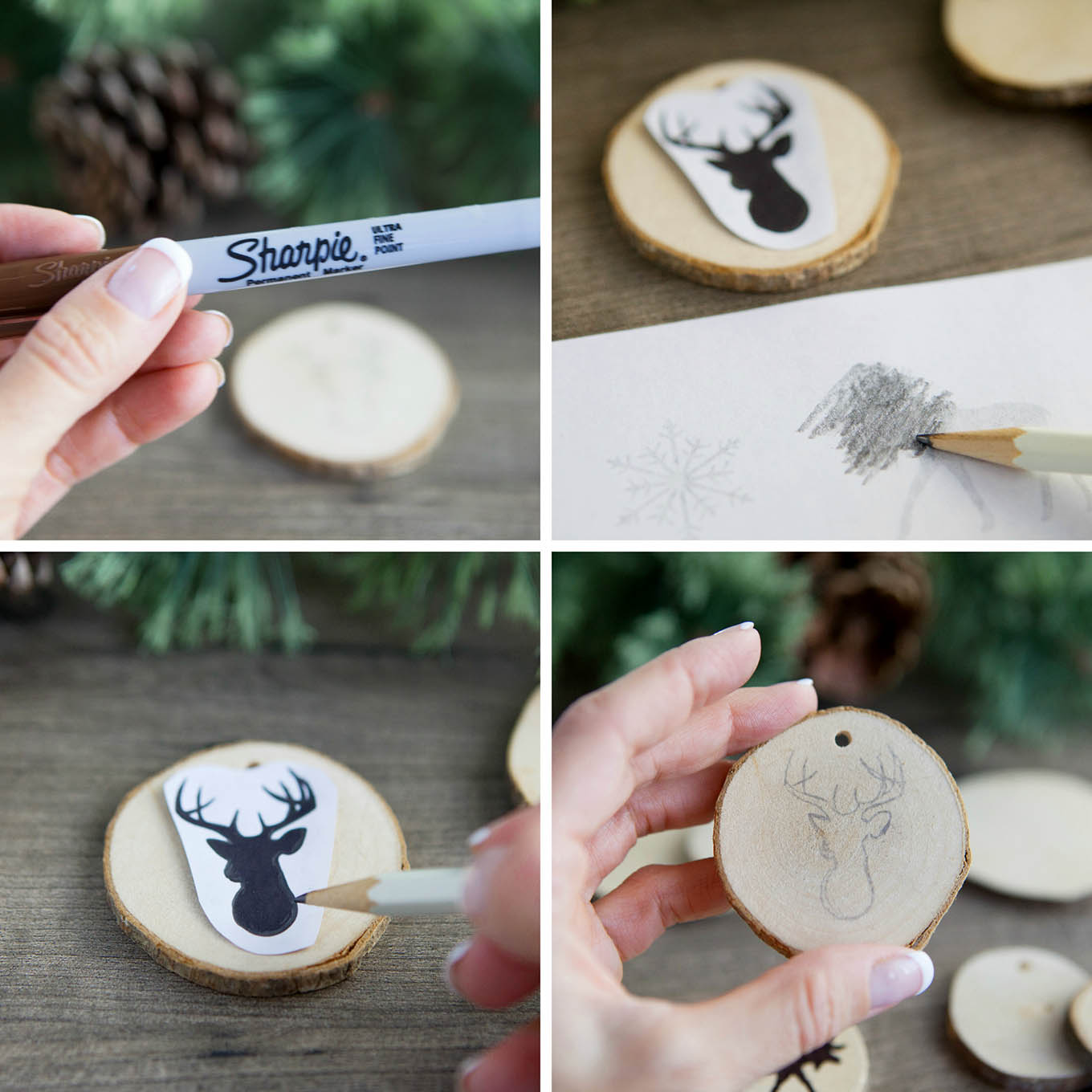 Create faux wood burned Christmas tree ornaments without any special tools. Complete how-to instructions including printable templates to make these easy, nature-inspired keepsakes.