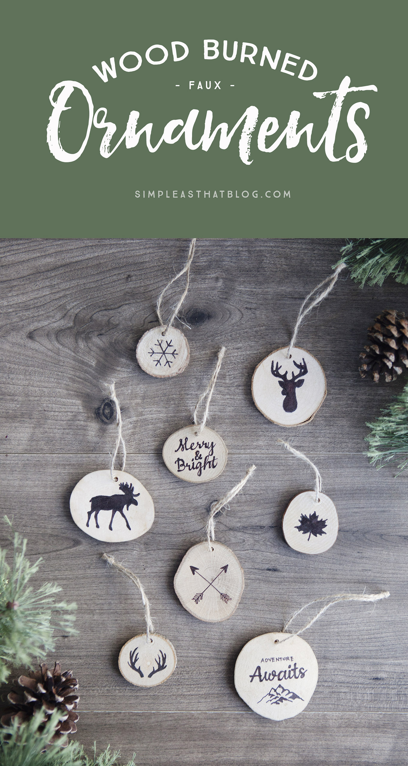 Create faux wood burned Christmas tree ornaments without any special tools. Complete how-to instructions including printable templates to make these easy, nature-inspired keepsakes.
