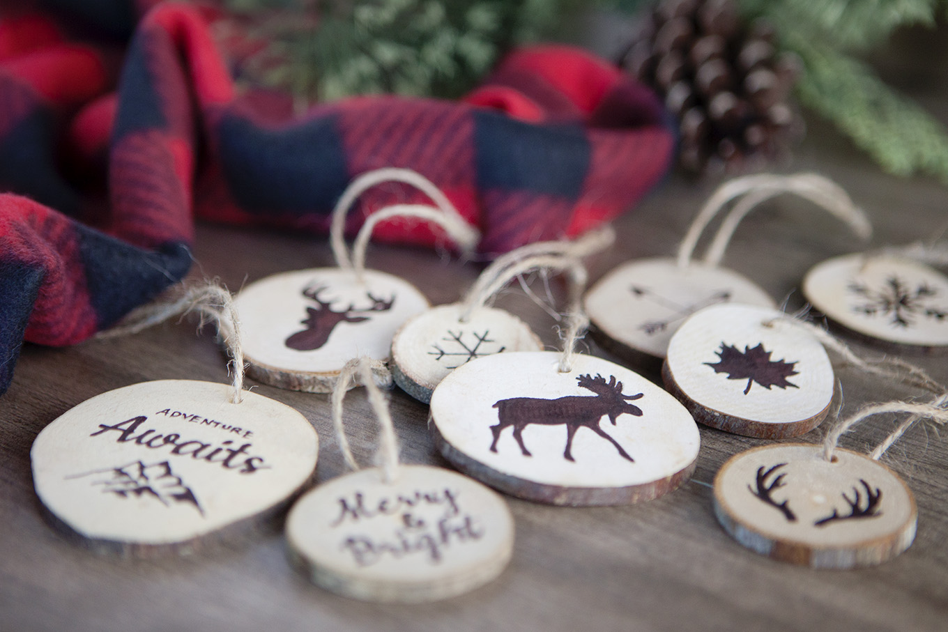 Create faux wood burned Christmas tree ornaments without any special tools. Complete how-to instructions including printable templates to make these easy, nature-inspired keepsakes.