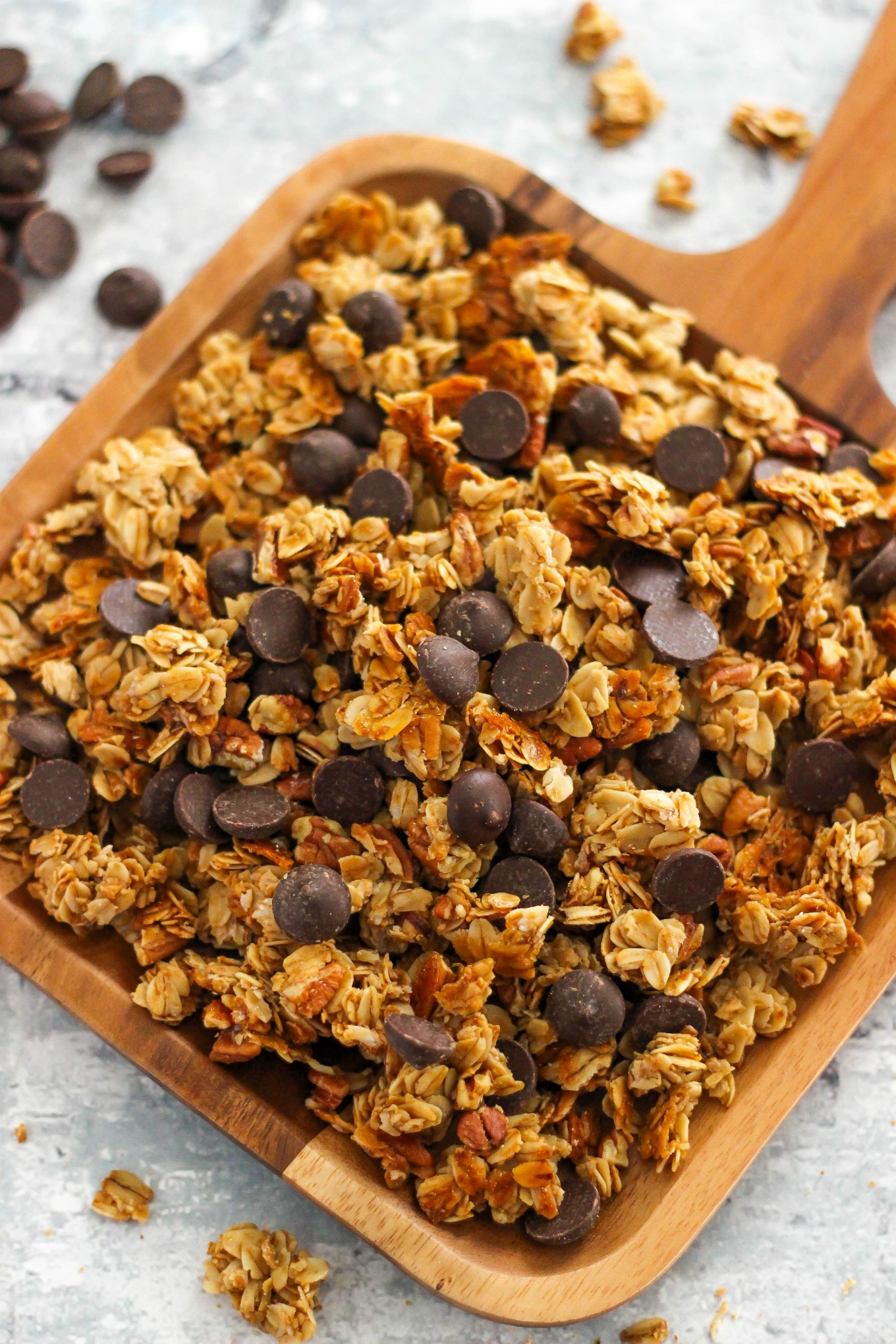 5-Ingredient Chocolate Chip Granola Recipe is an easy and healthy breakfast, snack, or topping option for yogurt and ice cream.