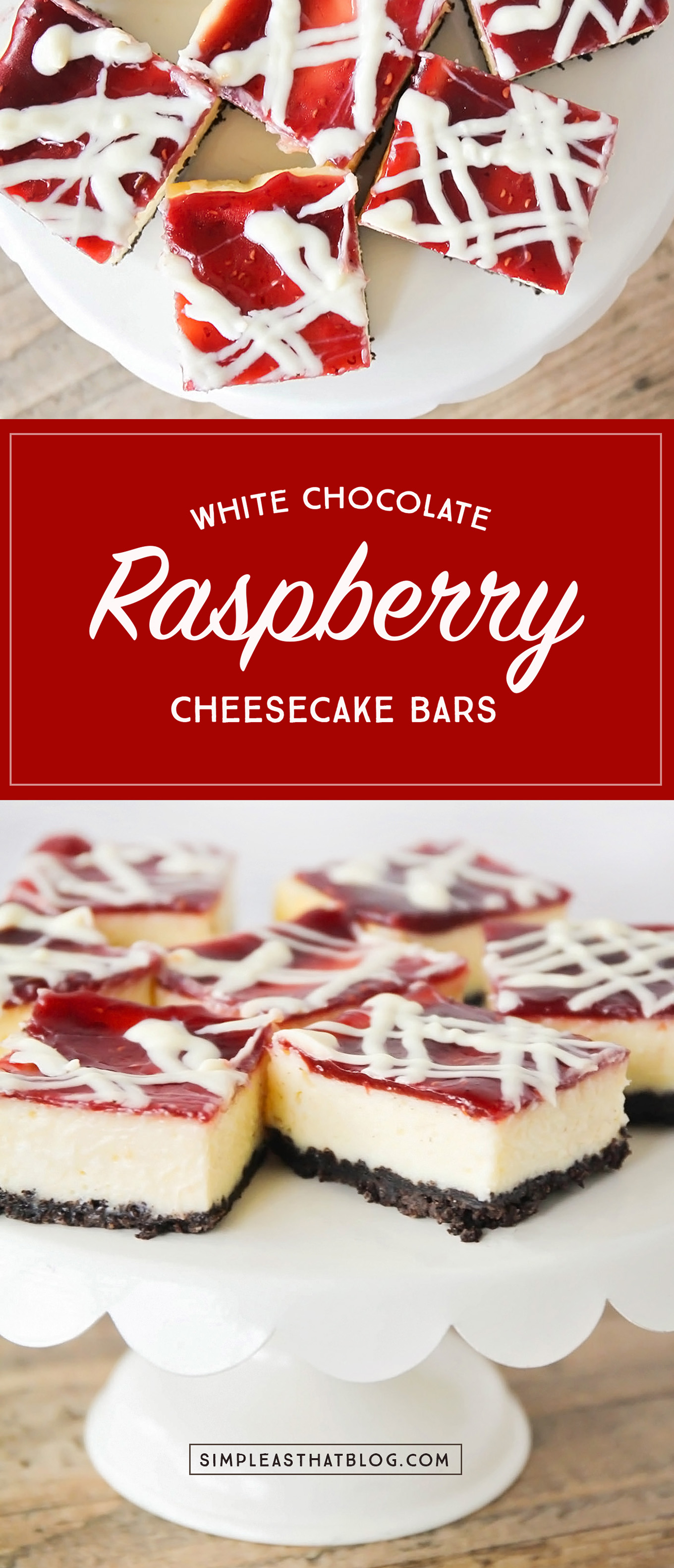 These White Chocolate Raspberry Cheesecake Bars don't just look fancy they taste fancy too! The white chocolate and raspberry flavors paired with a homemade oreo crust make them hard to resist.
