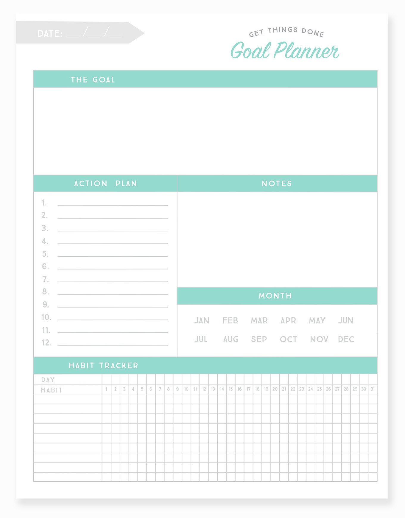 Get ready to crush your goals with this powerful goal planner! It's functional, concise and printer friendly. This is a tool that will help you move from setting goals to achieving them.