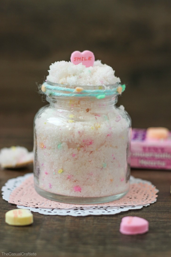 Looking for a fun, handmade gift to give this Valentine’s Day? This DIY Conversation Hearts Sugar Scrub is so easy to make, smells delicious and is great for dry skin!