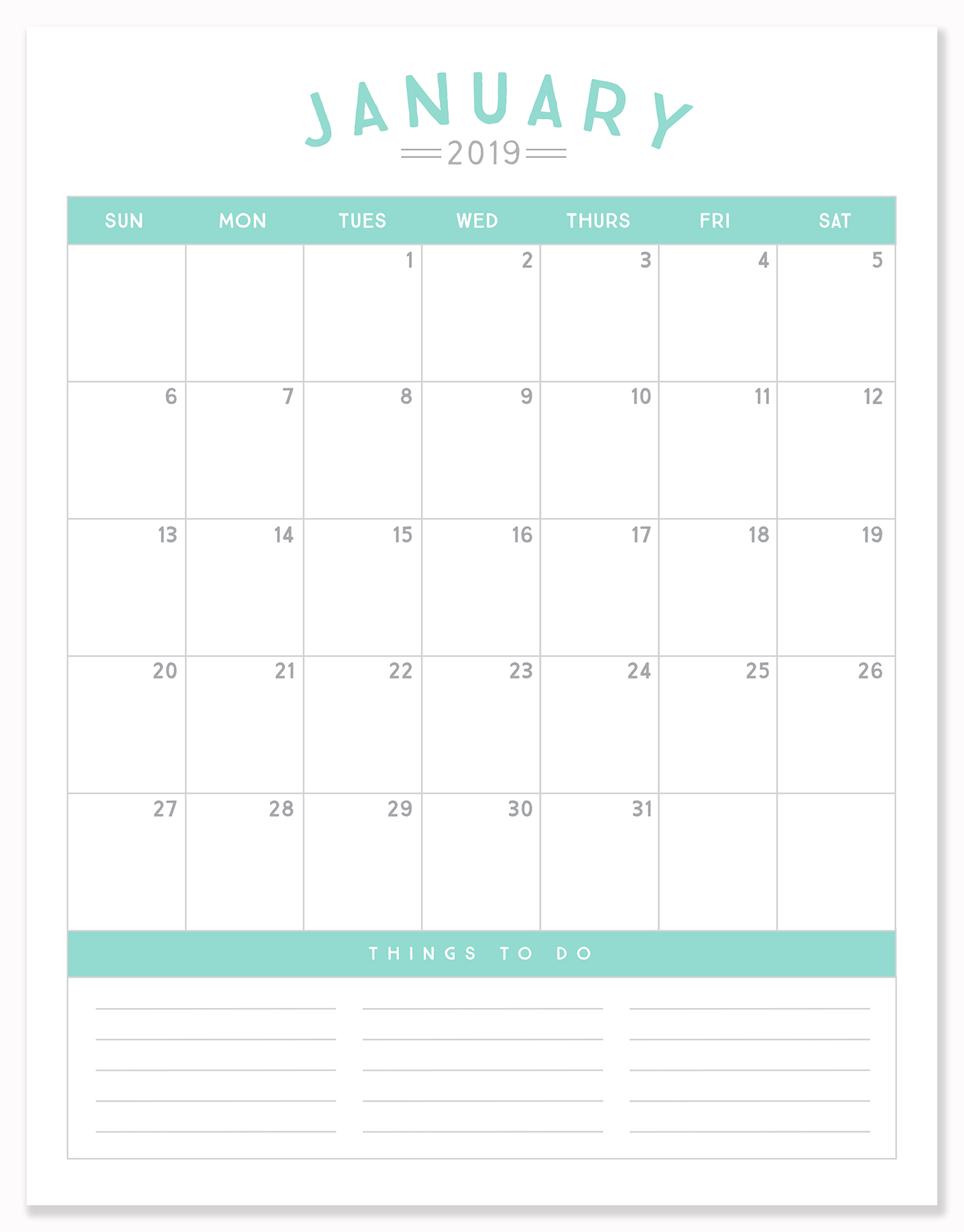 Printable Blank Calendar Template 2019